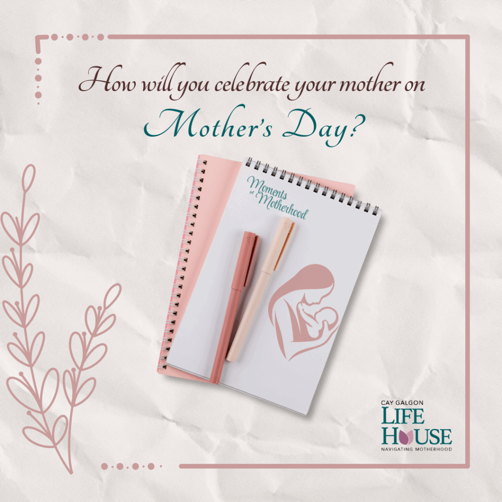 image of a book with pens featuring a drawing of a mother and infant. Text states "how will you celebrate your mother on Mother's Day?"
