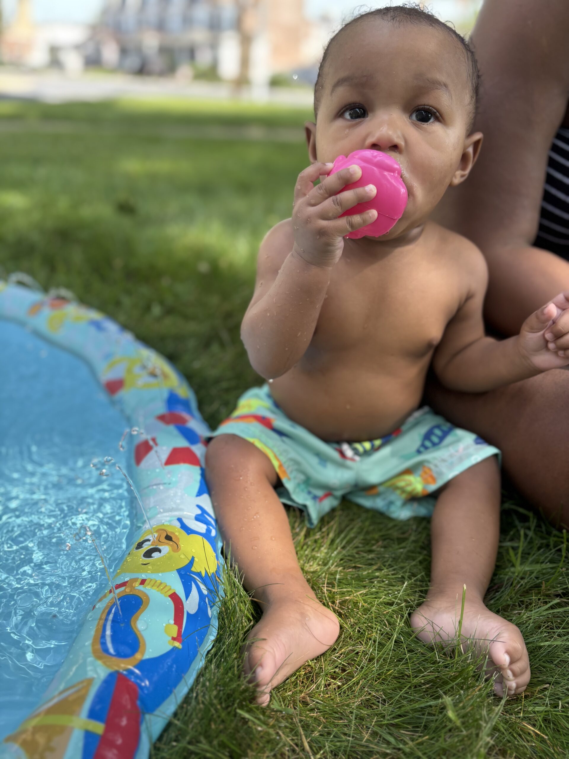 baby boy holding pink ball