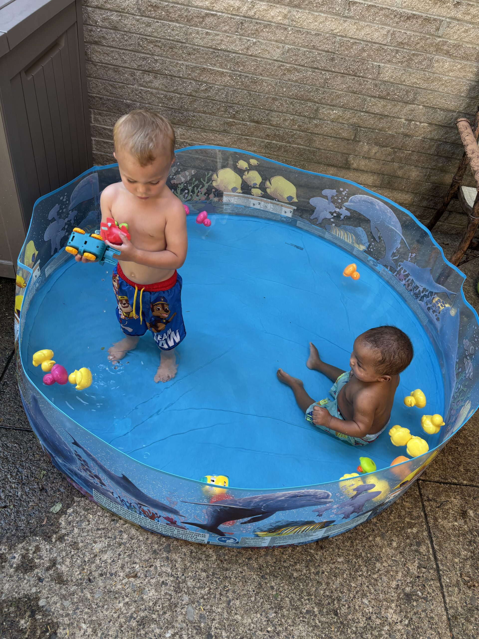 Two young boys playing in a baby pool
