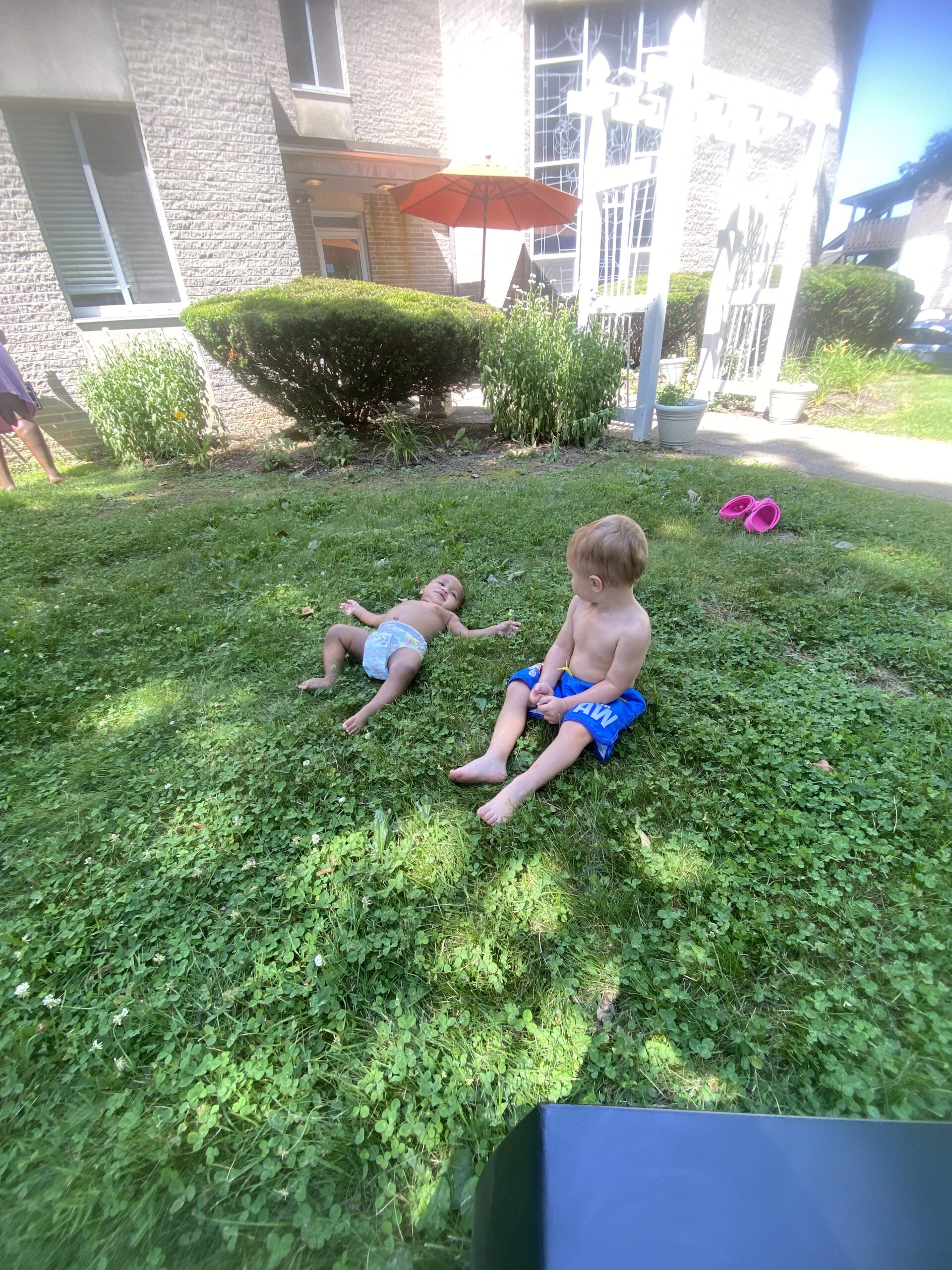 two young boys playing in the grass