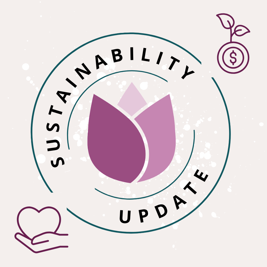 purple tulip in center of text Sustainability Update