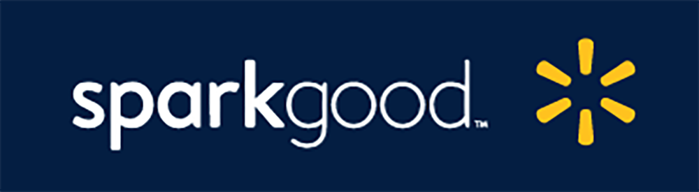 Walmart Spark Good logo, the words SparkGood next to a snowflake made up of six yellow lines. They sit on a blue background