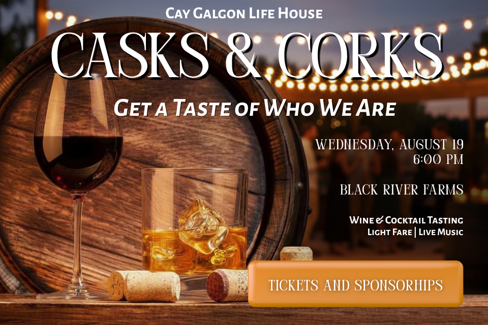 C&C 2026 - Website Popup Casks & Corks Invitation, inviting guests to join August 19th at 6pm at Black River Farms