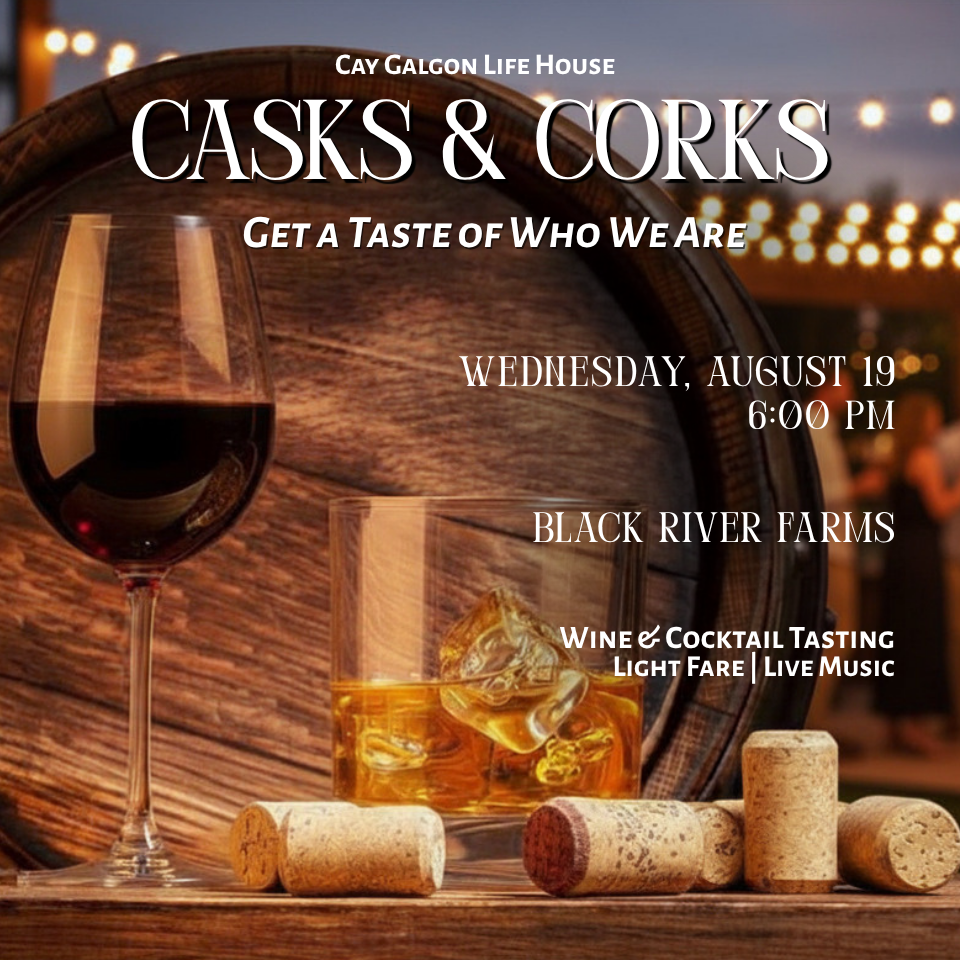 Website Event (Square Image) Casks & Corks Invitation, inviting guests to join August 19th at 6pm at Black River Farms